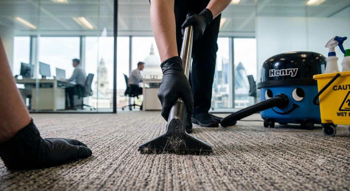 Professional commercial cleaner vacuuming office carpet with a Henry vacuum during an after-hours commercial cleaning service.