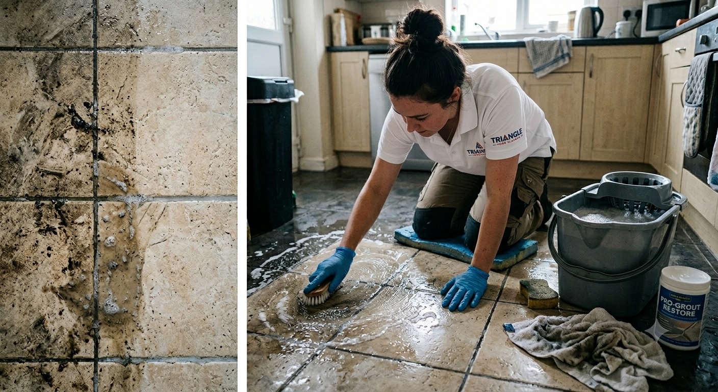 Triangle Home Cleaners technician scrubbing tile during a deep restorative kitchen floor clean.
