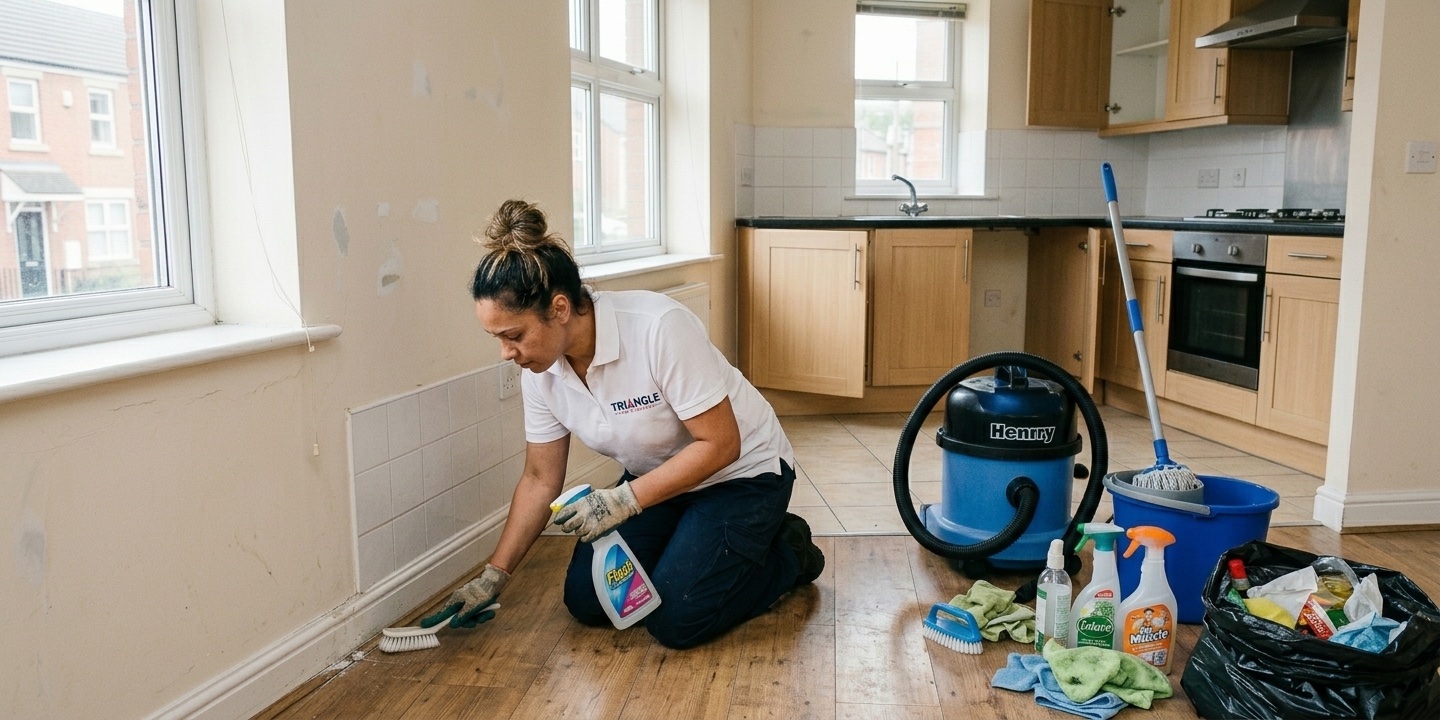 Triangle Home Cleaners staff member scrubbing baseboards during an end-of-lease bond clean.