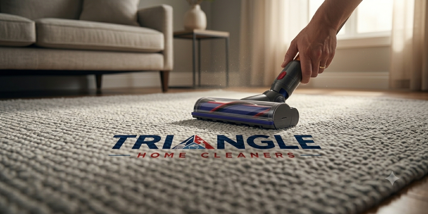 Professional cleaner performing a recurring home clean in a Triangle-area living room